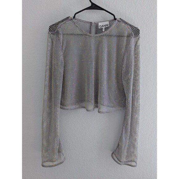 GANNI Embellished Mesh Blouse Women's Size 6 Silver Rhinestone Long Sleeve Top - Picture 1 of 6
